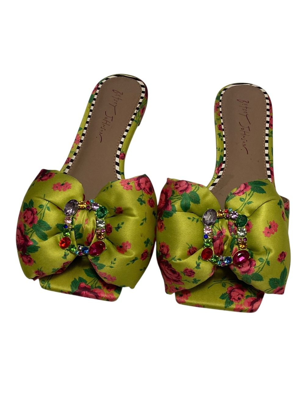 Betsey Johnson Lime Green Floral Bow Slide Sandals with Gem Embellishment